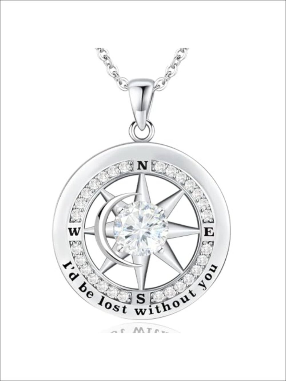 925 Sterling Silver Compass Pendant Necklace for Women, Cubic Zirconia Fine